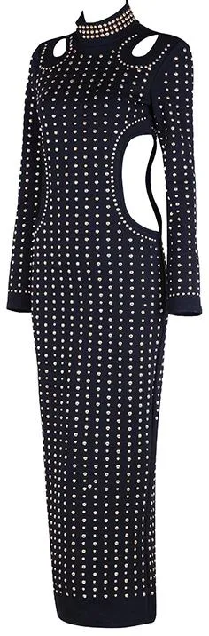 Black Cut-Out Studded Bodycon Maxi Dress
