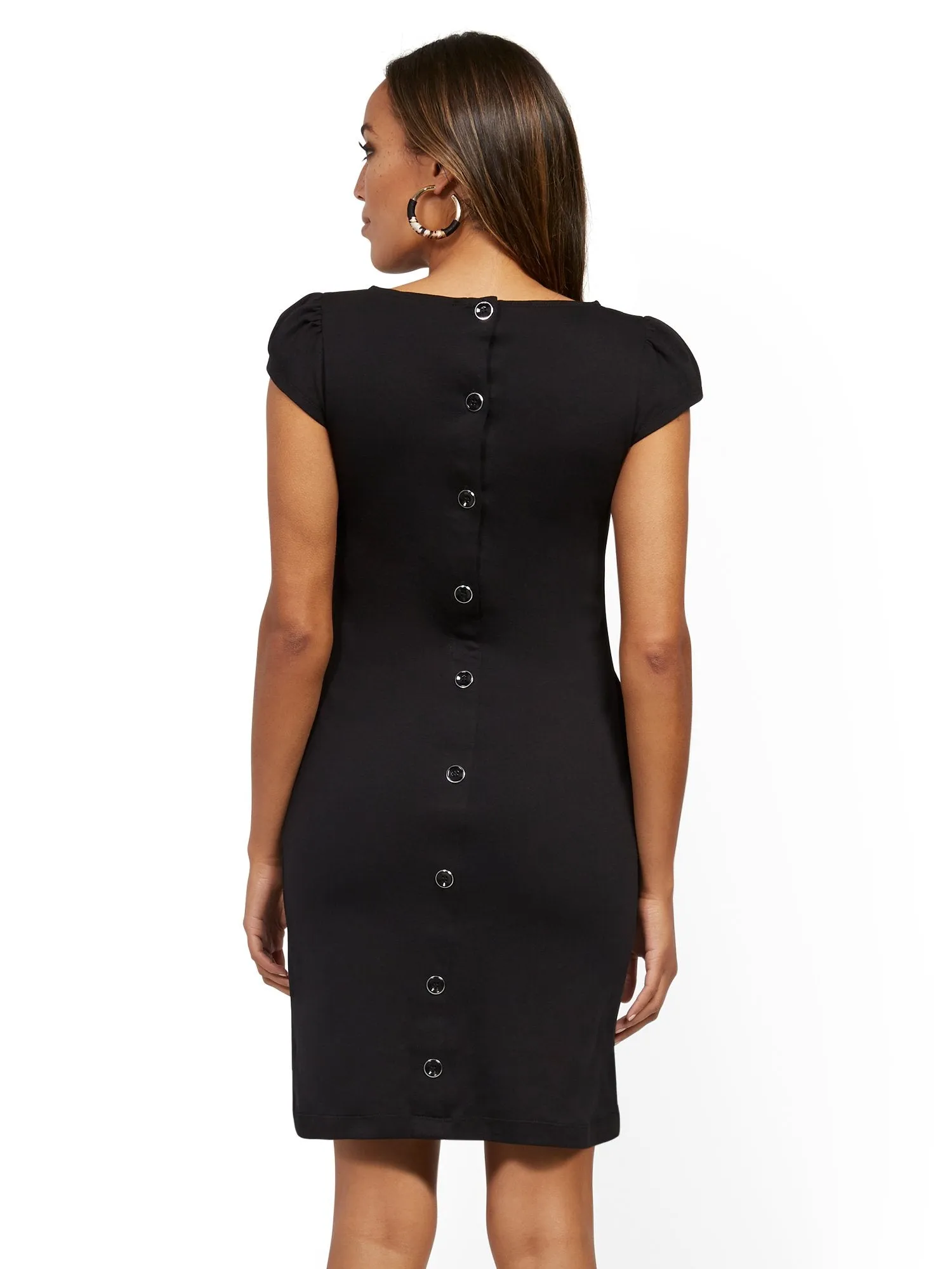 Button-Back Puff-Sleeve Cotton Shift Dress