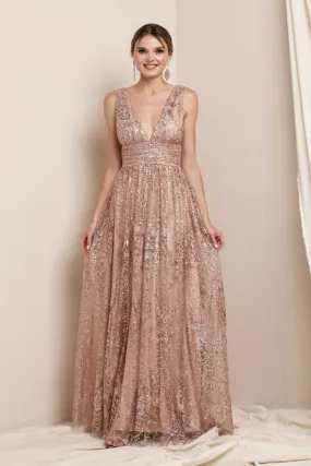 Champagne Deep V Neck Sequin Maxi Evening Dress