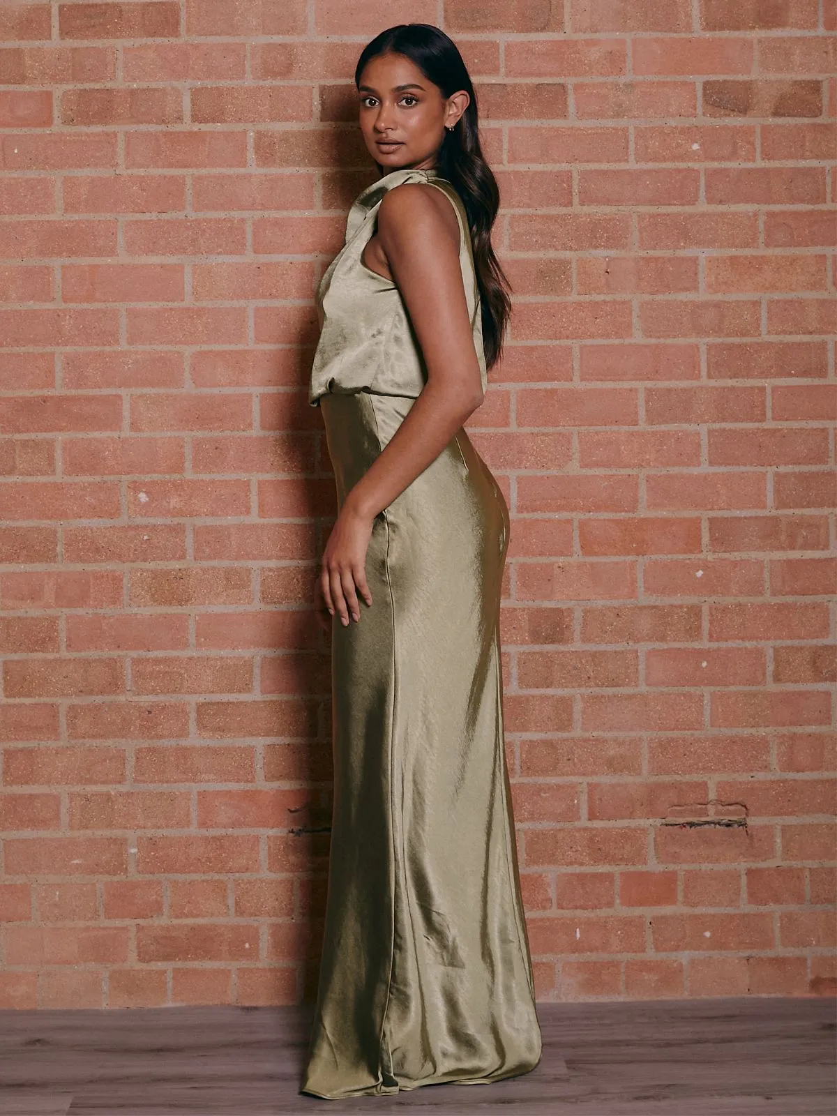 Drape Neck Maxi Satin Dress / Olive