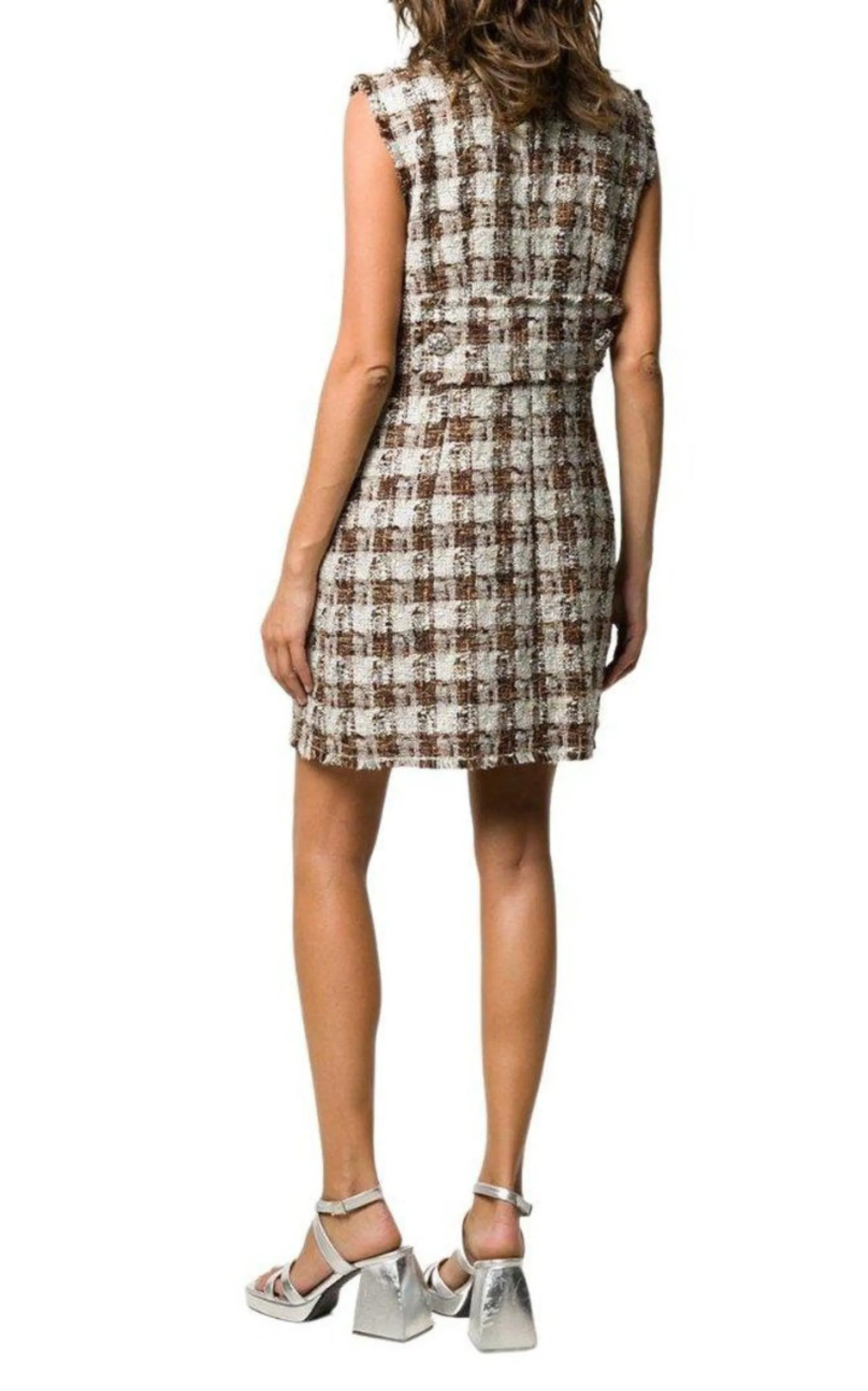 Embellished Checked Tweed Shift Dress