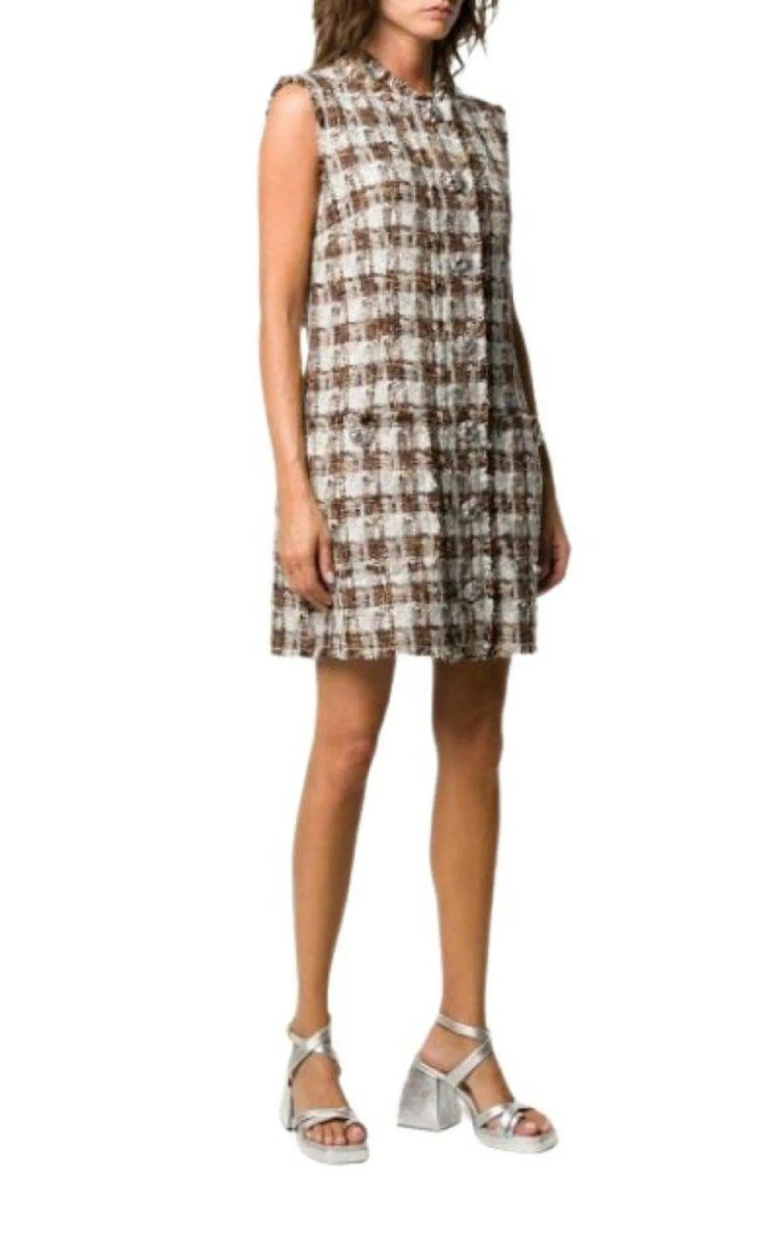 Embellished Checked Tweed Shift Dress