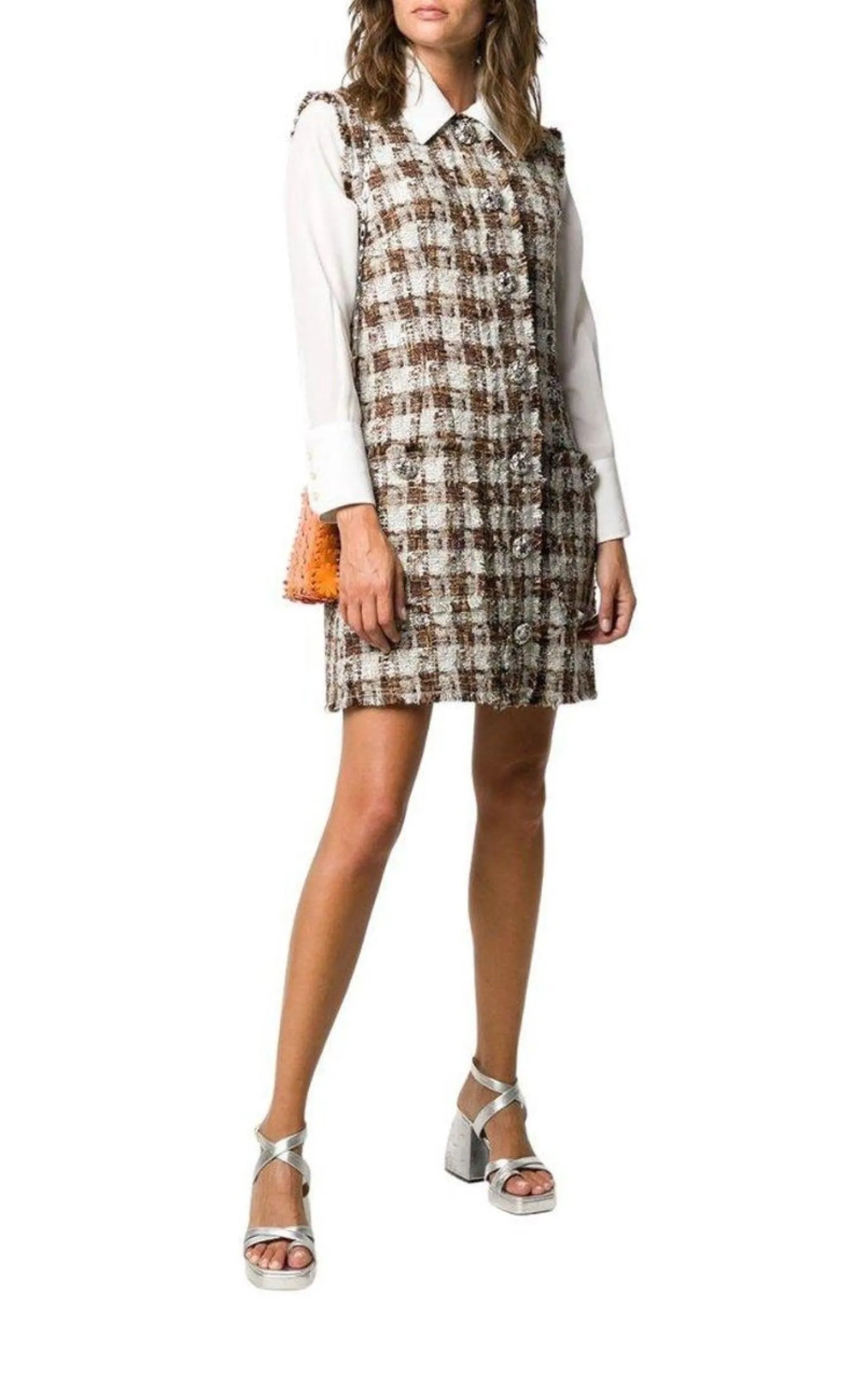 Embellished Checked Tweed Shift Dress