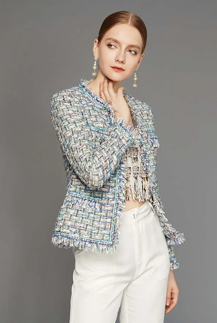 Fringe Trim Wool Blend Little Tweed Jacket
