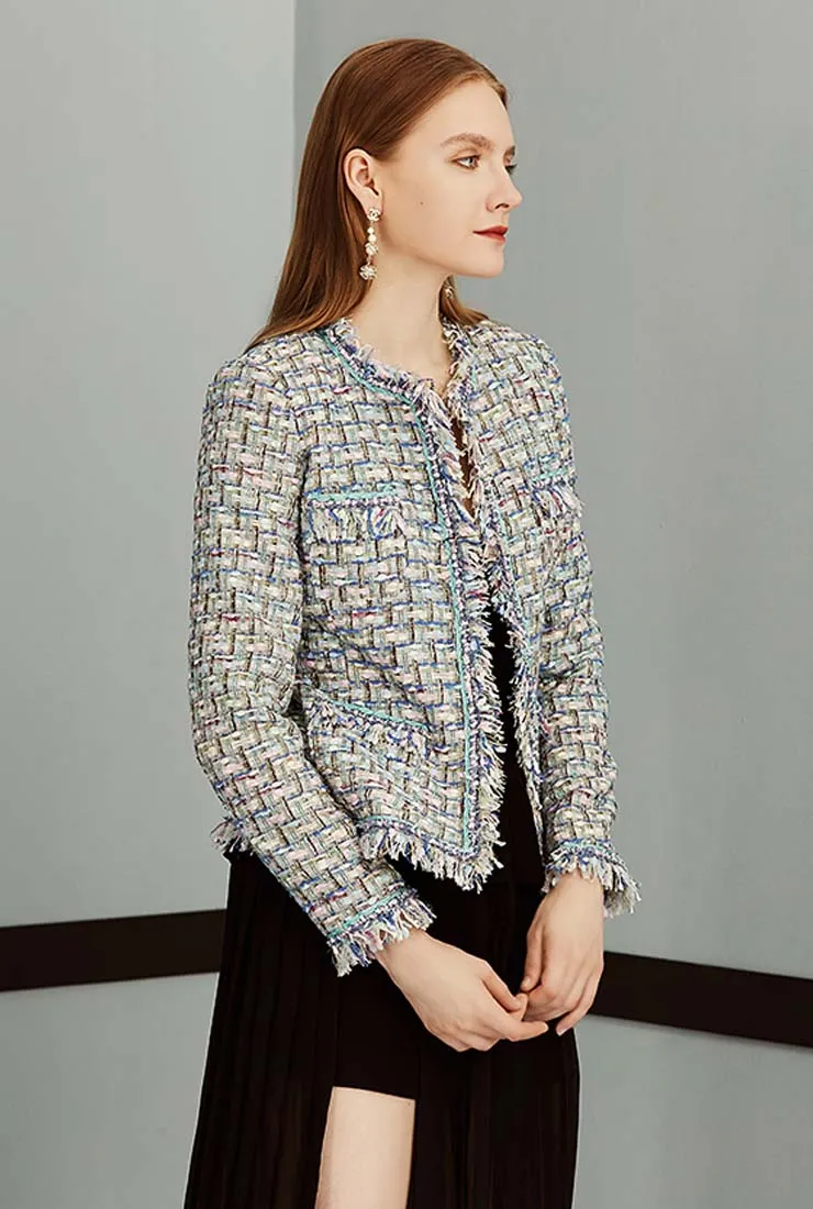 Fringe Trim Wool Blend Little Tweed Jacket