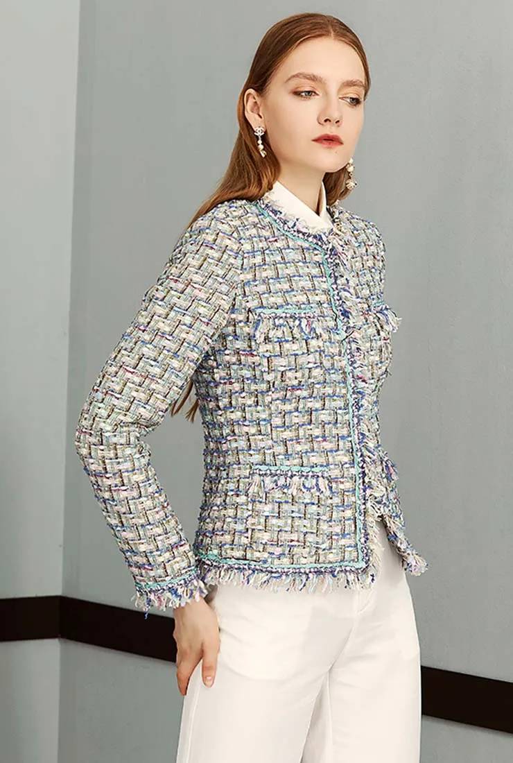 Fringe Trim Wool Blend Little Tweed Jacket