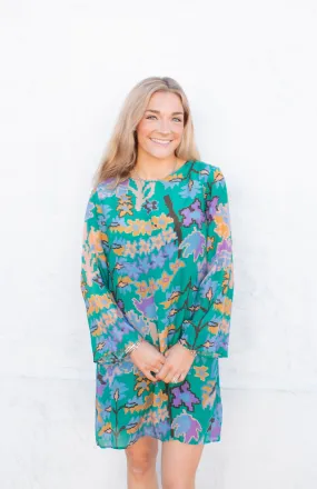 Green Bukhara Long Sleeve Mini Shift