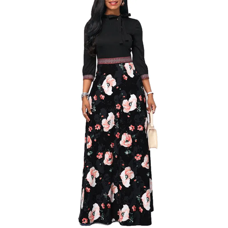 Hollow Neck Three Quarter Sleeve Floral Print Dress