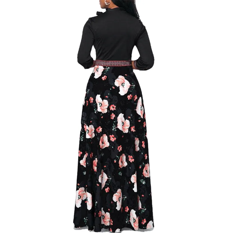 Hollow Neck Three Quarter Sleeve Floral Print Dress