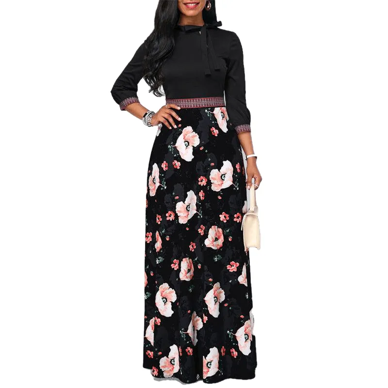 Hollow Neck Three Quarter Sleeve Floral Print Dress