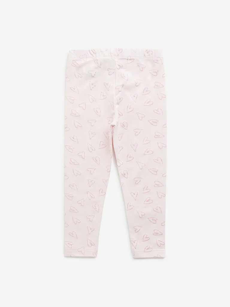 HOP Kids Light Pink Heart Mid-Rise Cotton Blend Leggings