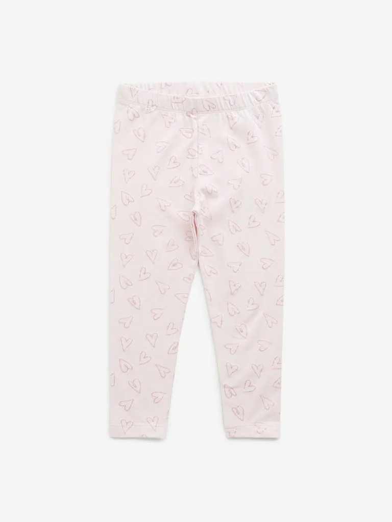 HOP Kids Light Pink Heart Mid-Rise Cotton Blend Leggings