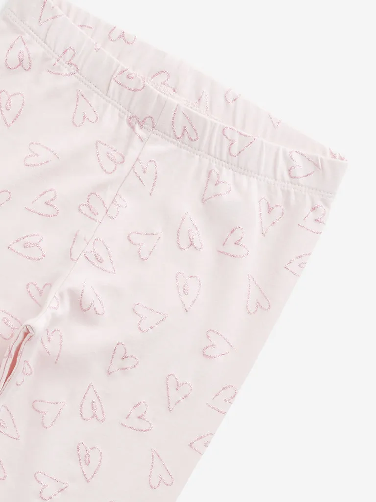 HOP Kids Light Pink Heart Mid-Rise Cotton Blend Leggings