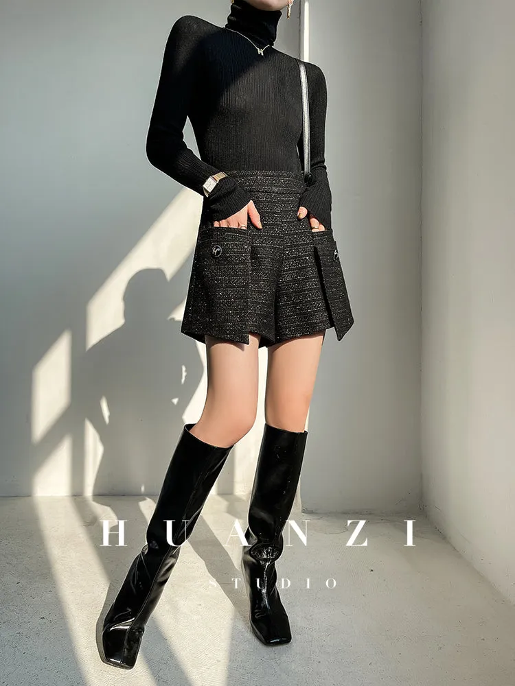 Huanzi yarn wool woven A-line high-waisted tweed shorts - mwaw