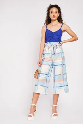 Ladies Beige Multi Paperbag Plaid Culottes Wide Leg Trousers