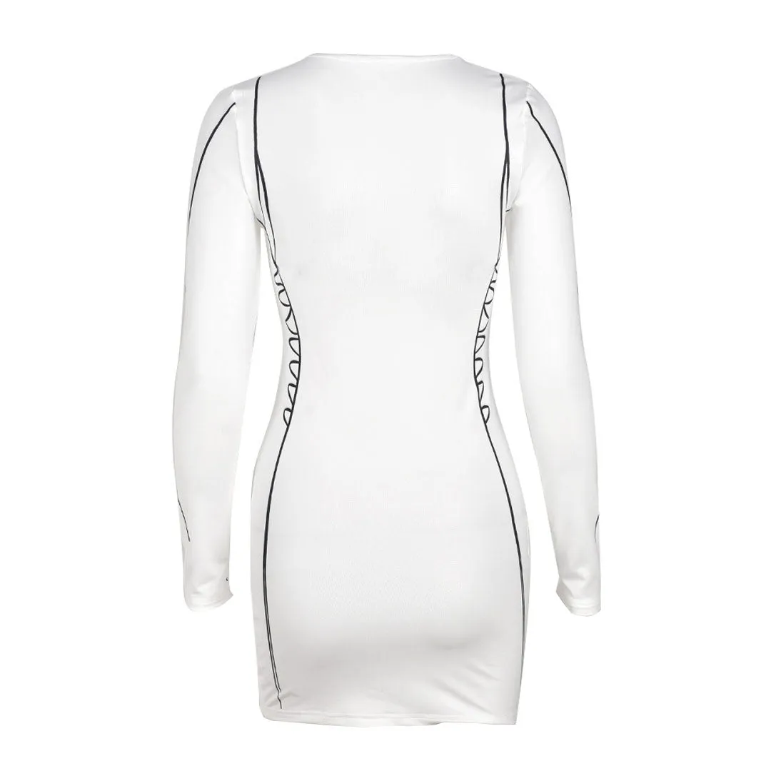Long Sleeve Contour Drawn Print Bodycon Mini Dress - White