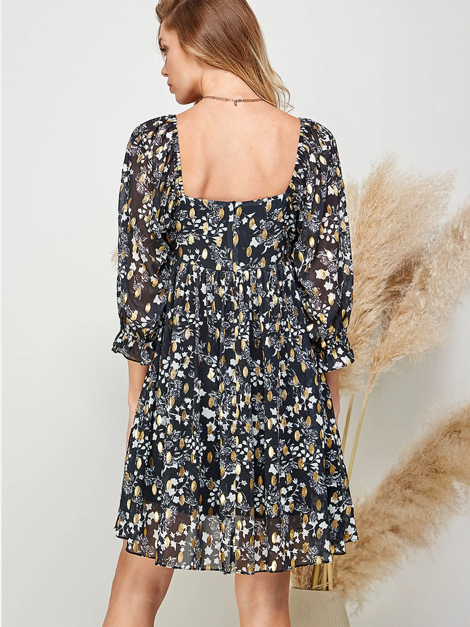 Long Sleeve Floral Lurex Dot Shift Dress
