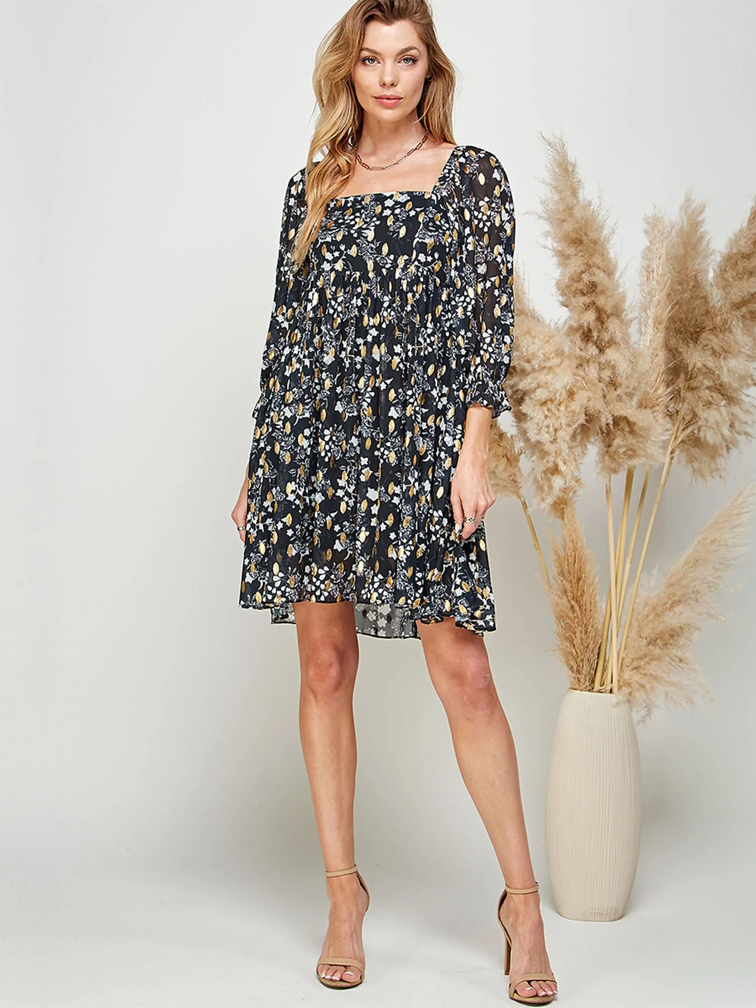 Long Sleeve Floral Lurex Dot Shift Dress