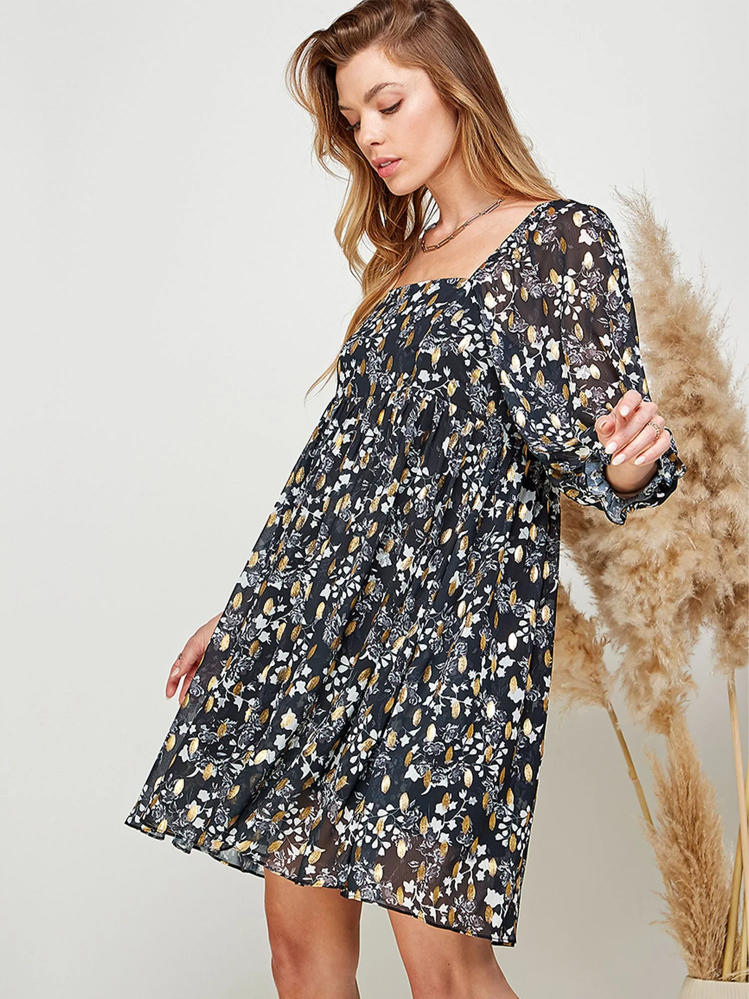 Long Sleeve Floral Lurex Dot Shift Dress
