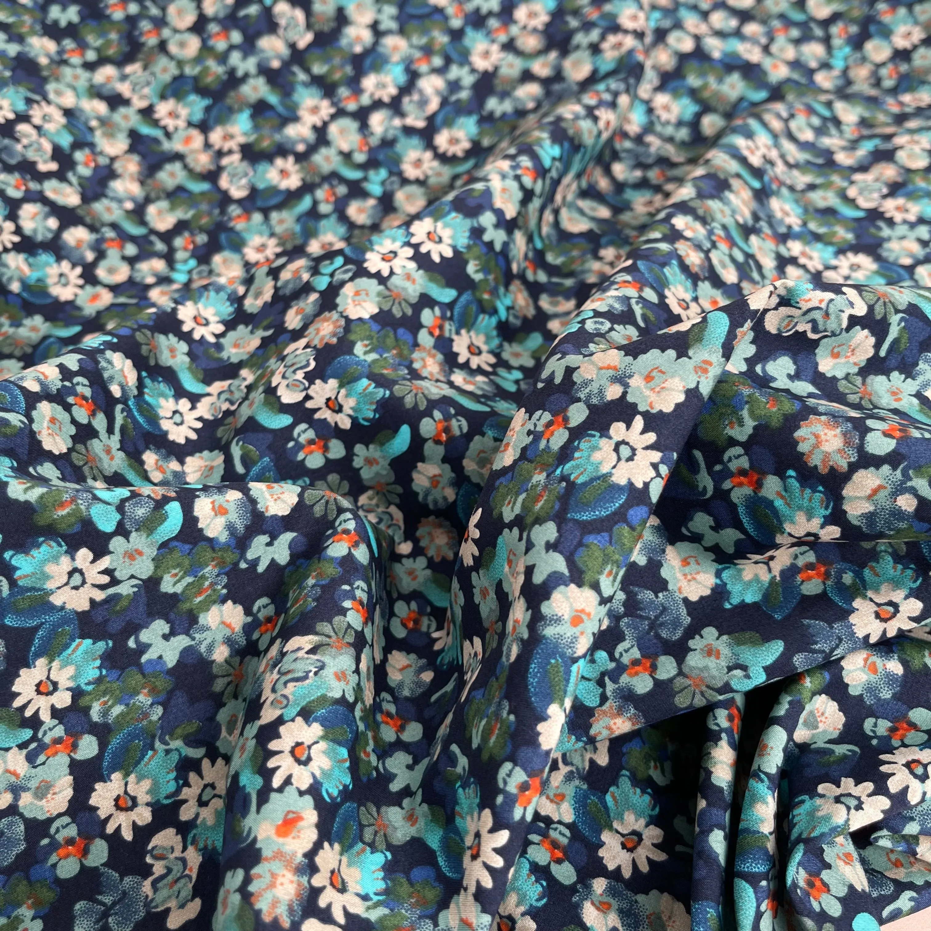 Meadow Blue on Navy Cotton Lawn Fabric