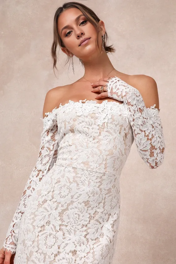 Mermaid White Lace Wedding Dresses Off-the-Shoulder Maxi Dress