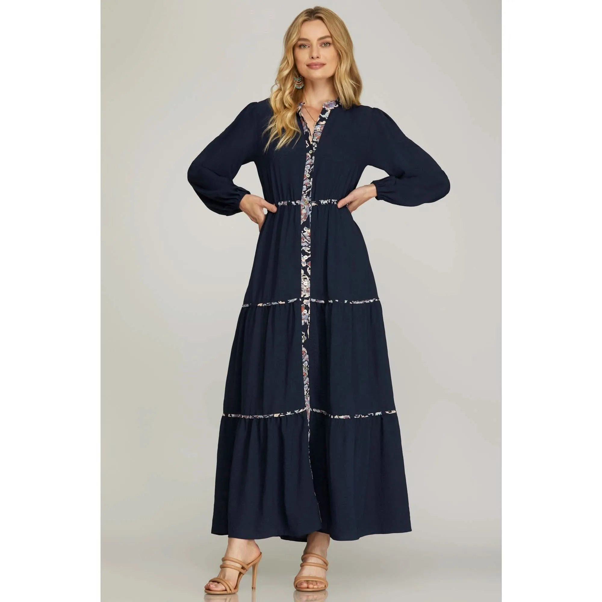 Navy Tiered Maxi Dress w_Printed Contrast Detail
