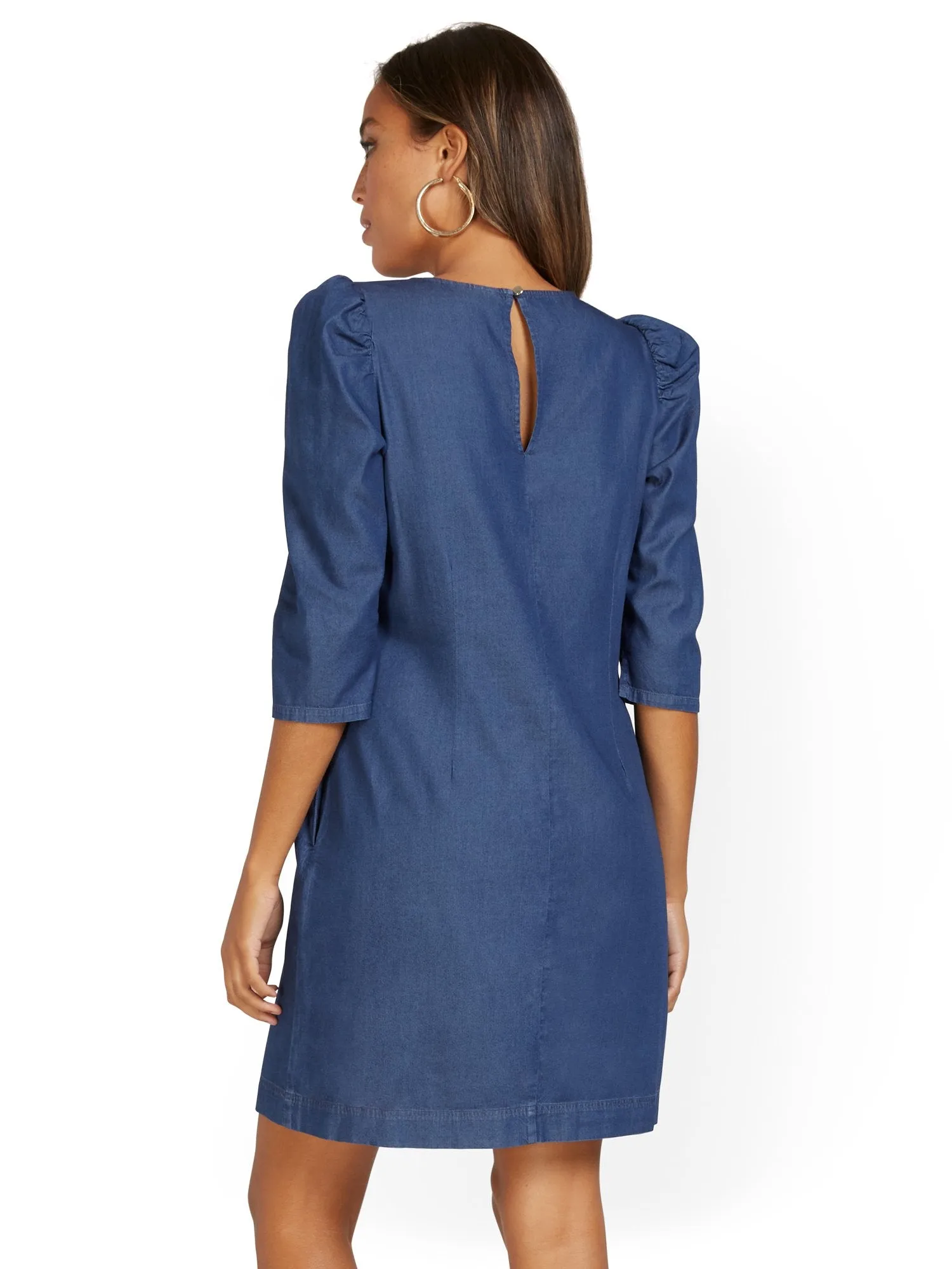Puff-Shoulder Denim Shift Dress