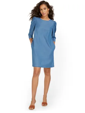 Puff-Shoulder Denim Shift Dress
