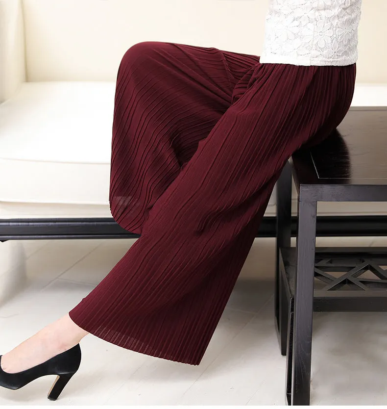 Summer Elderly Women Pants Pleated Wide Leg Casual Mom Loose Plus Size Ankle-Length Culottes