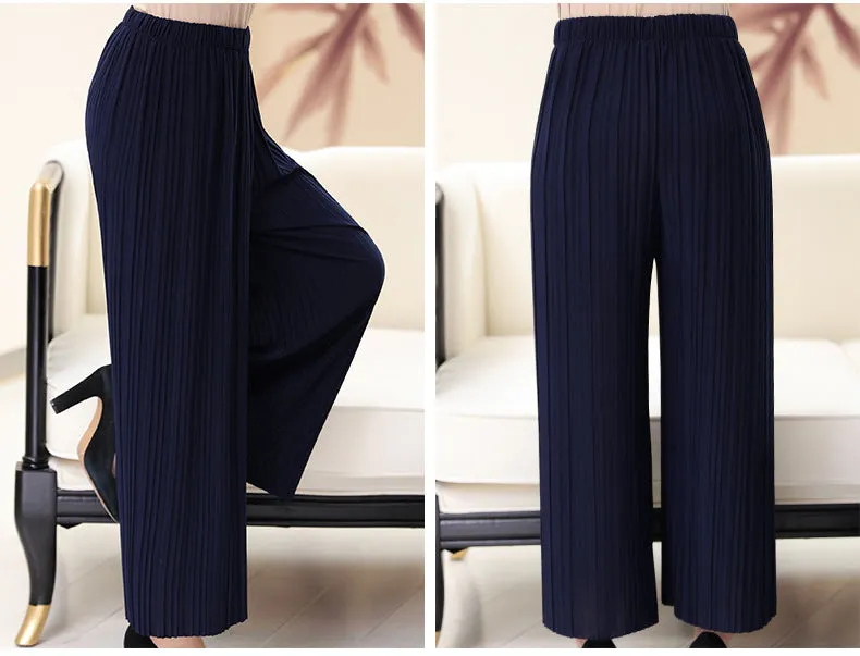 Summer Elderly Women Pants Pleated Wide Leg Casual Mom Loose Plus Size Ankle-Length Culottes