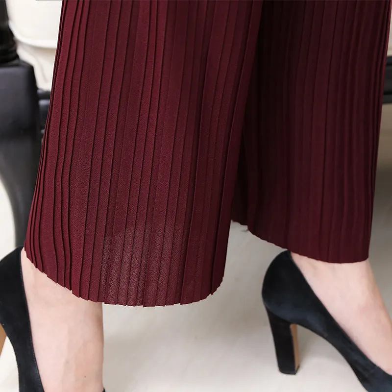 Summer Elderly Women Pants Pleated Wide Leg Casual Mom Loose Plus Size Ankle-Length Culottes