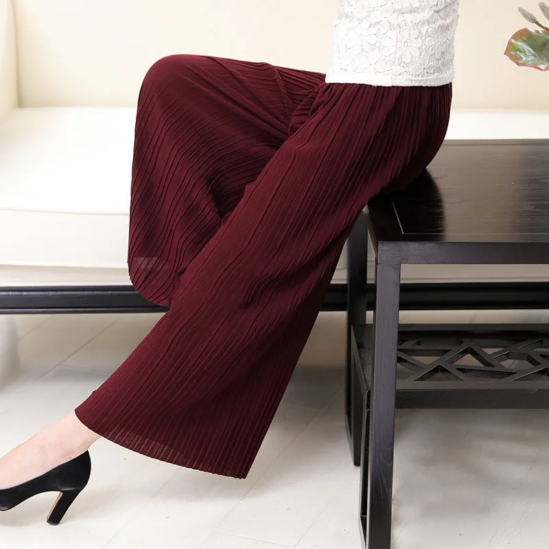 Summer Elderly Women Pants Pleated Wide Leg Casual Mom Loose Plus Size Ankle-Length Culottes