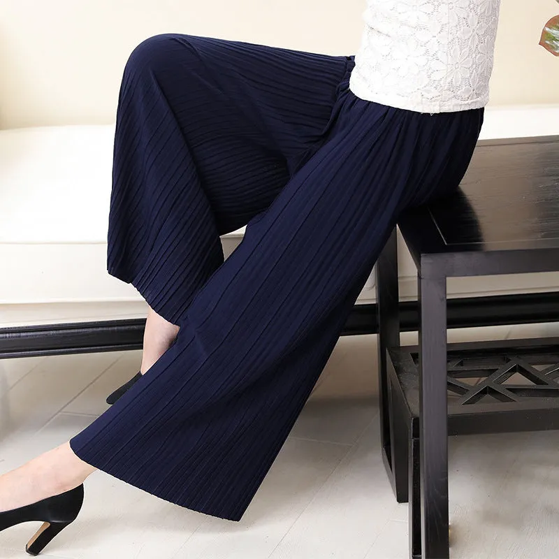 Summer Elderly Women Pants Pleated Wide Leg Casual Mom Loose Plus Size Ankle-Length Culottes