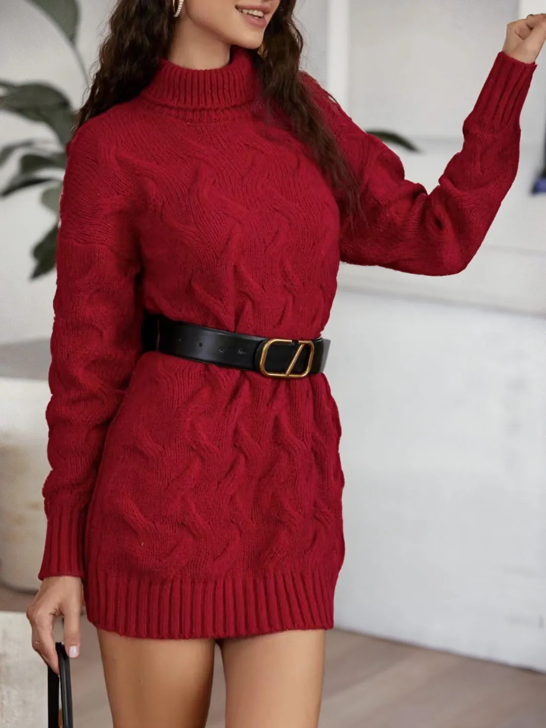 TastyHottie - Cable-Knit Turtleneck Sweater Dress