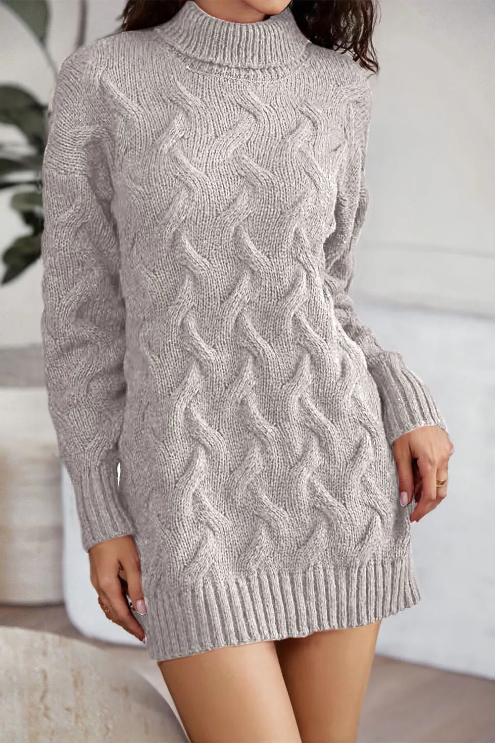 TastyHottie - Cable-Knit Turtleneck Sweater Dress
