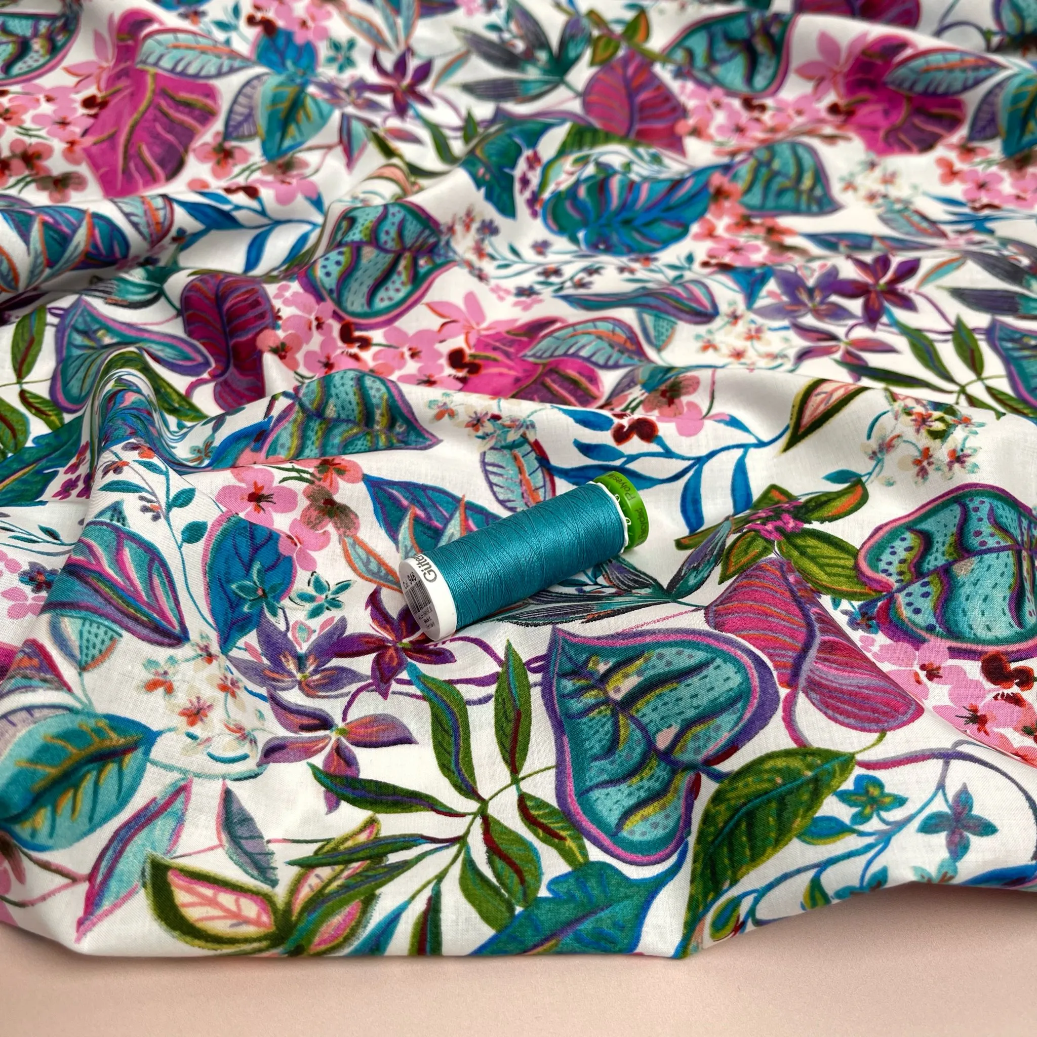 Tropical Foliage in Teal and Pink Cotton Lawn Fabric
