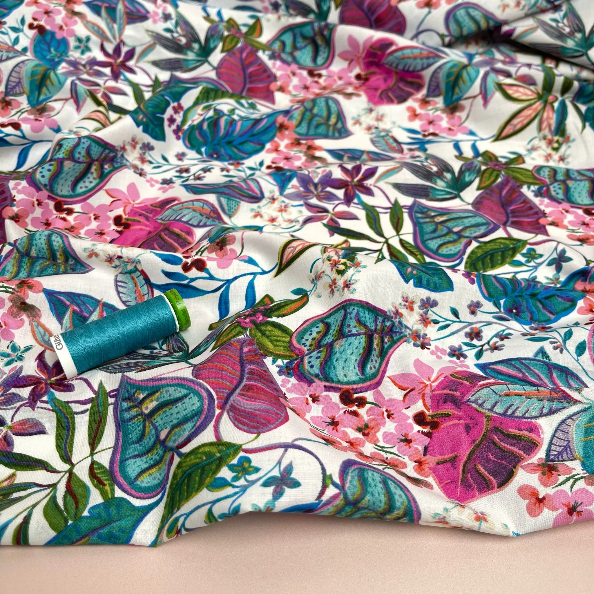 Tropical Foliage in Teal and Pink Cotton Lawn Fabric