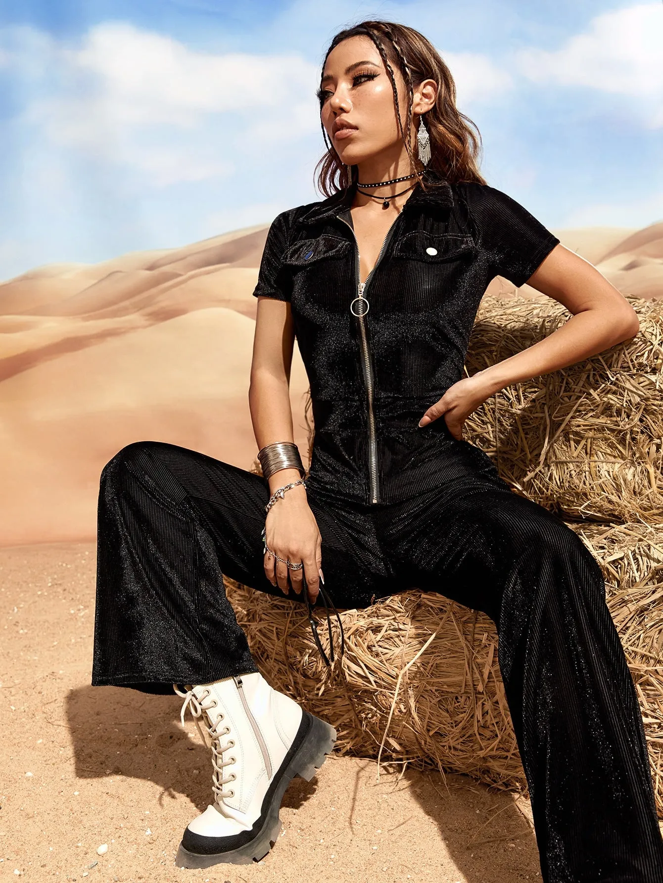 Zip Half Placket Corduroy Flare Leg Jumpsuit